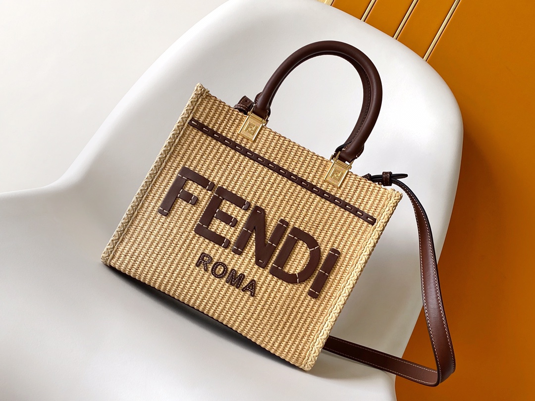 Fendi Small Sunshine Shopper Brown Leather and Beige Cotton Bag